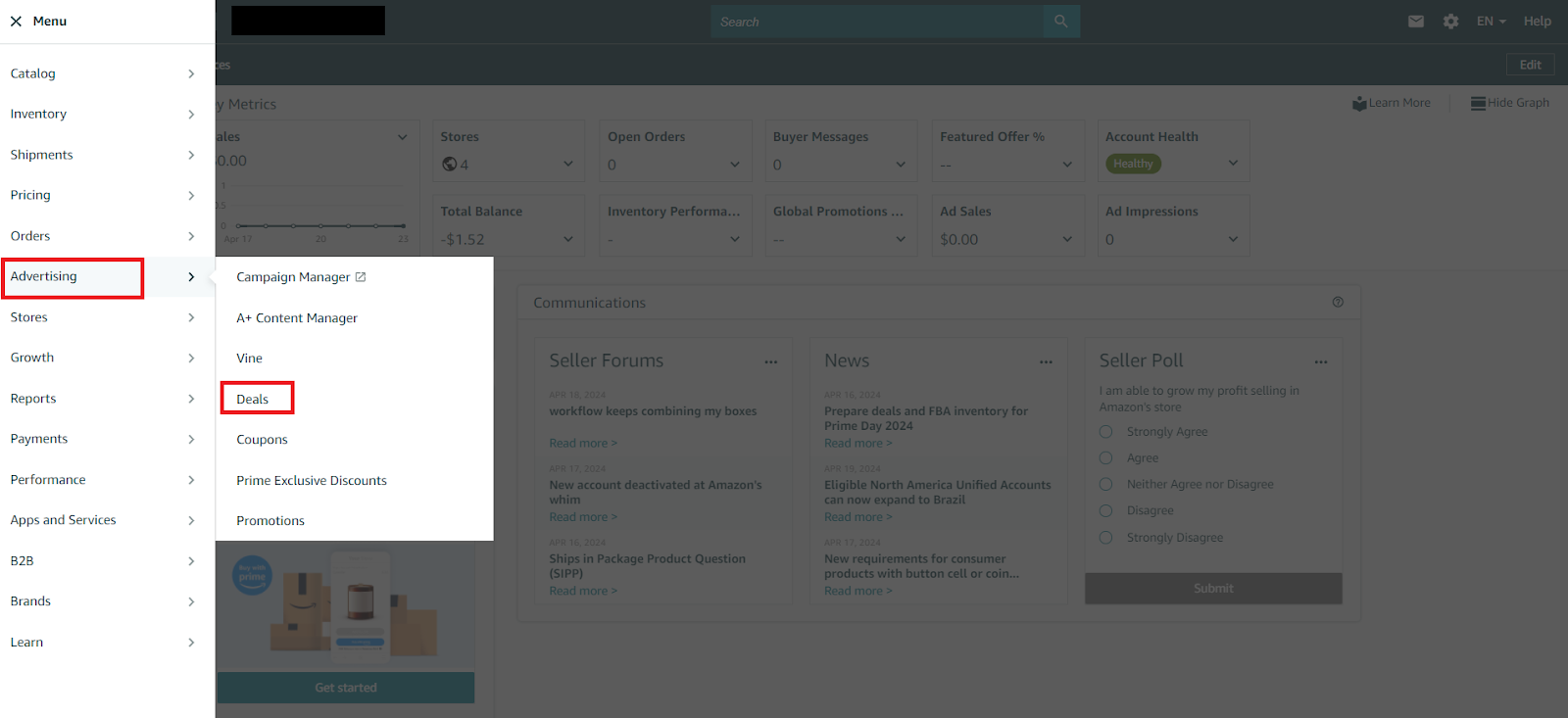 Access Seller Central, and navigate to Advertising /> Deals.