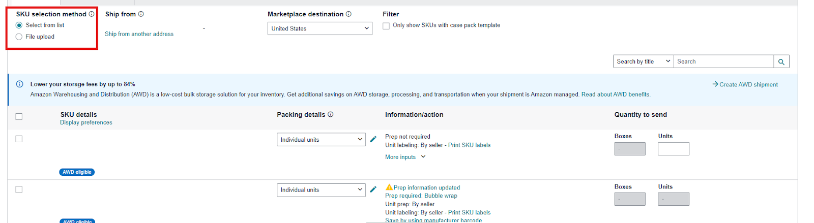 Чтобы добавить товары в отправление с помощью поиска, выберите опцию «Выбрать из списка»