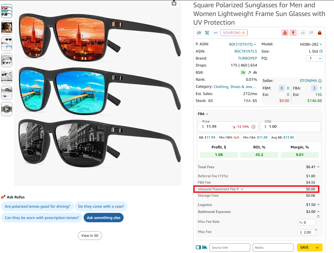Калькулятор FBM&FBA от Seller Assistant - Плата за услугу размещения входящих отправлений