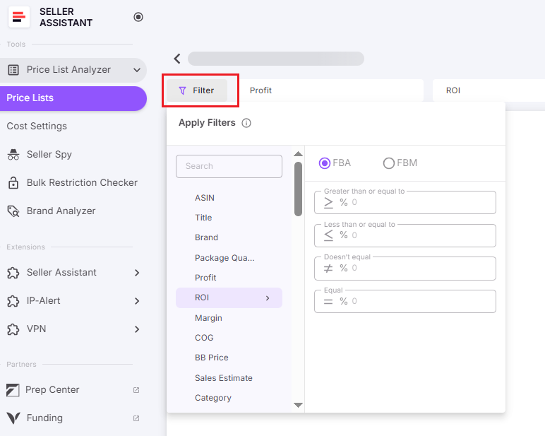 Нажмите кнопку «Фильтр» в интерфейсе Price List Analyzer