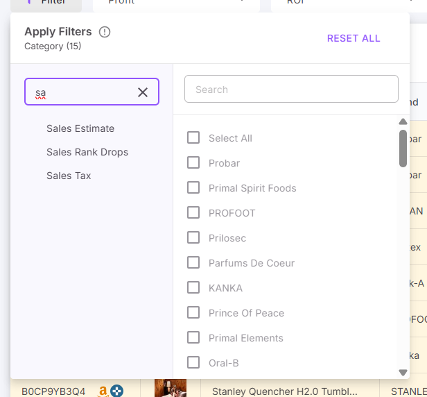 Найдите конкретное поле фильтра (метрику) с помощью встроенной строки поиска.