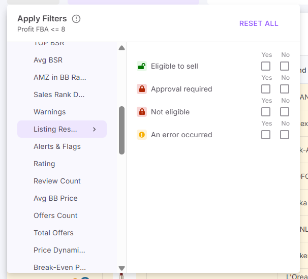 Используйте флажки Да/Нет, чтобы включить или исключить листинги с: ограничениями на листинг или предупреждениями