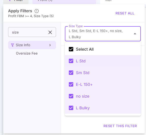 Фильтруйте по уровню (например, Малый стандартный) или точным размерам (Д/Ш/В/Вес/Объем).