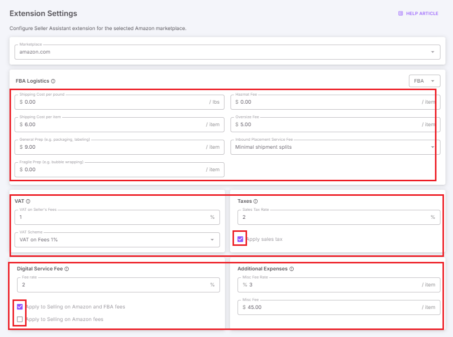 Добавьте ваши логистические затраты, налог с продаж (если применимо), НДС (если применимо) и сбор за цифровые услуги (если применимо), сбор за опасные материалы (если применимо), дополнительные расходы (фиксированная стоимость за единицу или процент от себестоимости через «Ставку прочих сборов») и отметьте флажки, где это необходимо. 