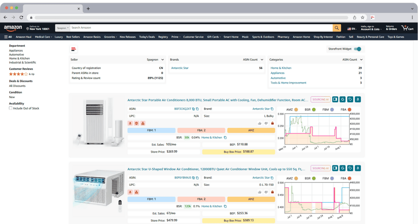 Visit any competitor’s Amazon storefront — Storefront Widget automatically loads detailed analytics and product cards