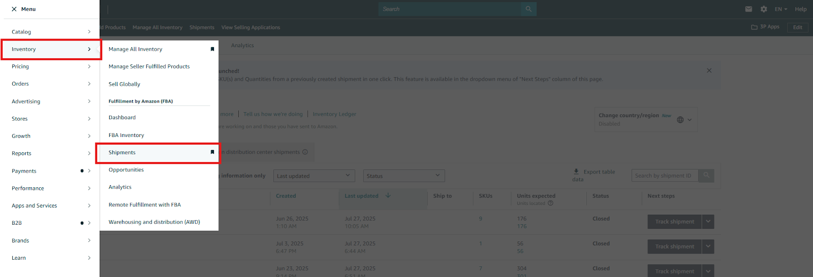 Go to Inventory /> Shipments in your Seller Central