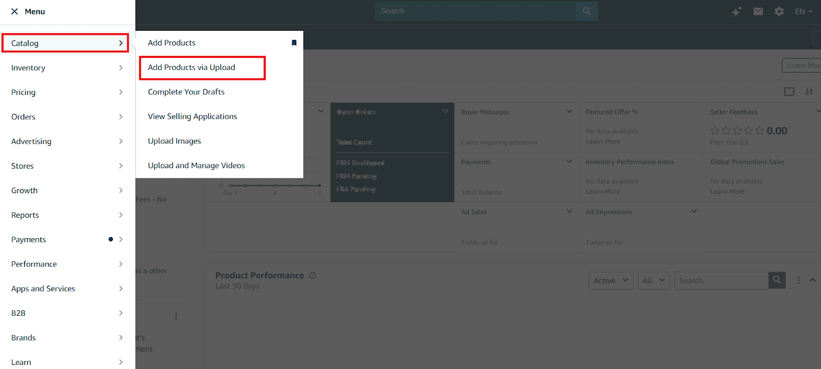 To download the Inventory Loader template, go to Catalog → Add Products via Upload
