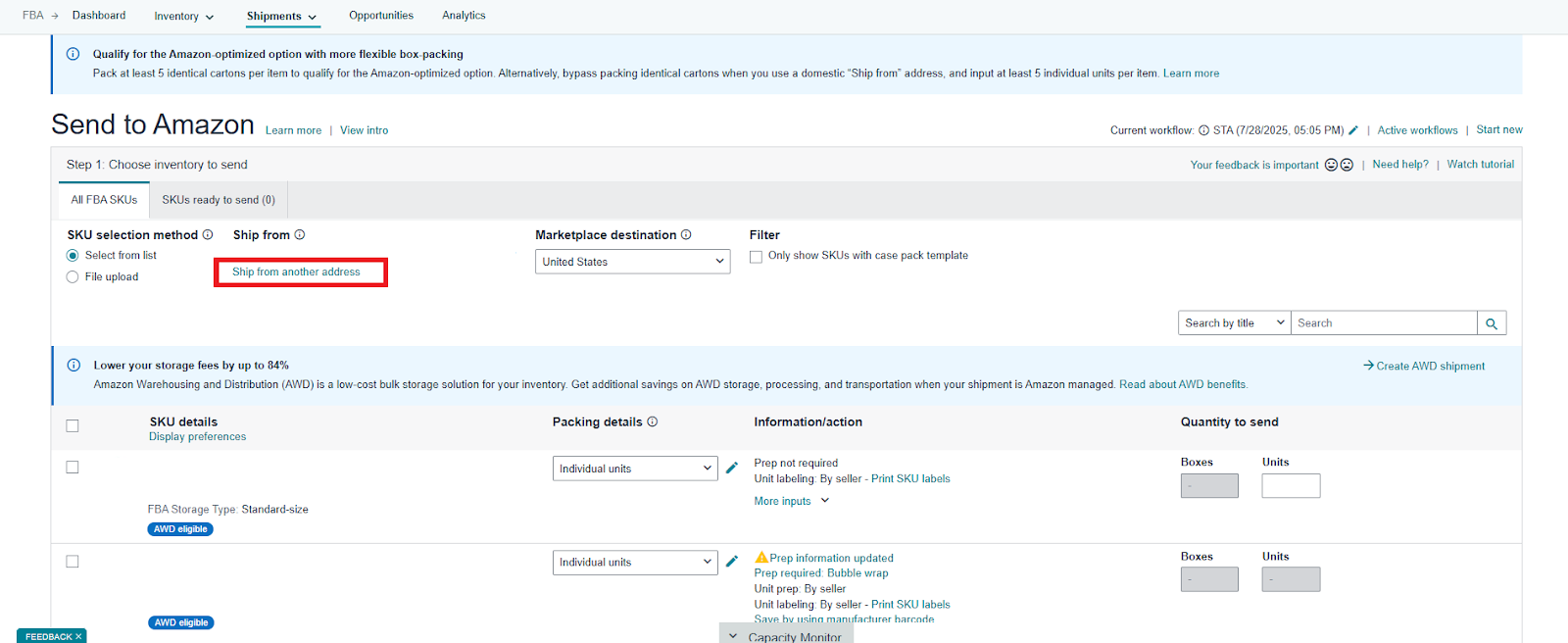 Confirm or change the address to ship from