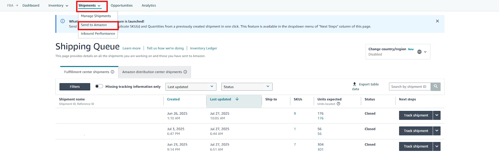 In the upper menu, select Shipments /> Send to Amazon”
