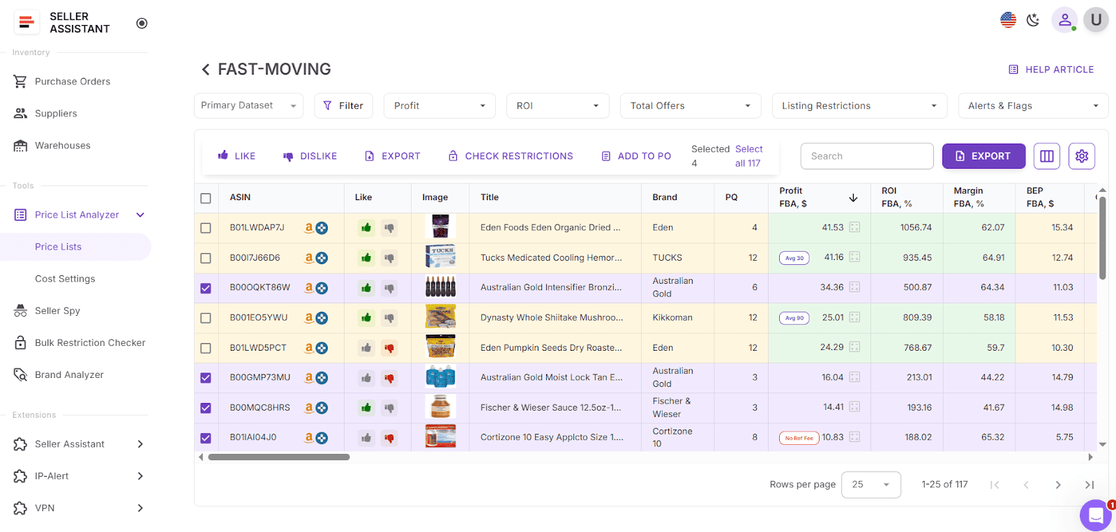 Price List Analyzer - UI tablosu