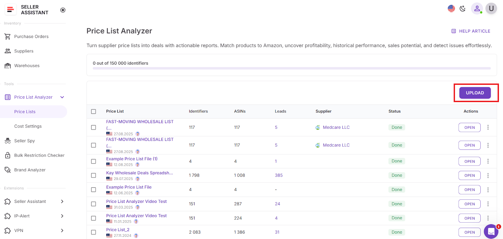 Войдите в свой аккаунт Seller Assistant, перейдите в раздел Price List Analyzer и нажмите «Загрузить».
