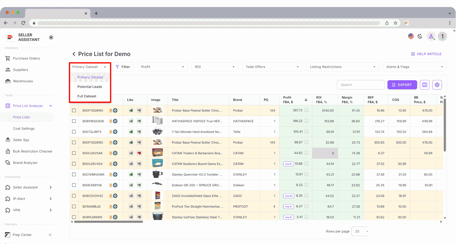 Сохраненные представления в Price List Analyzer