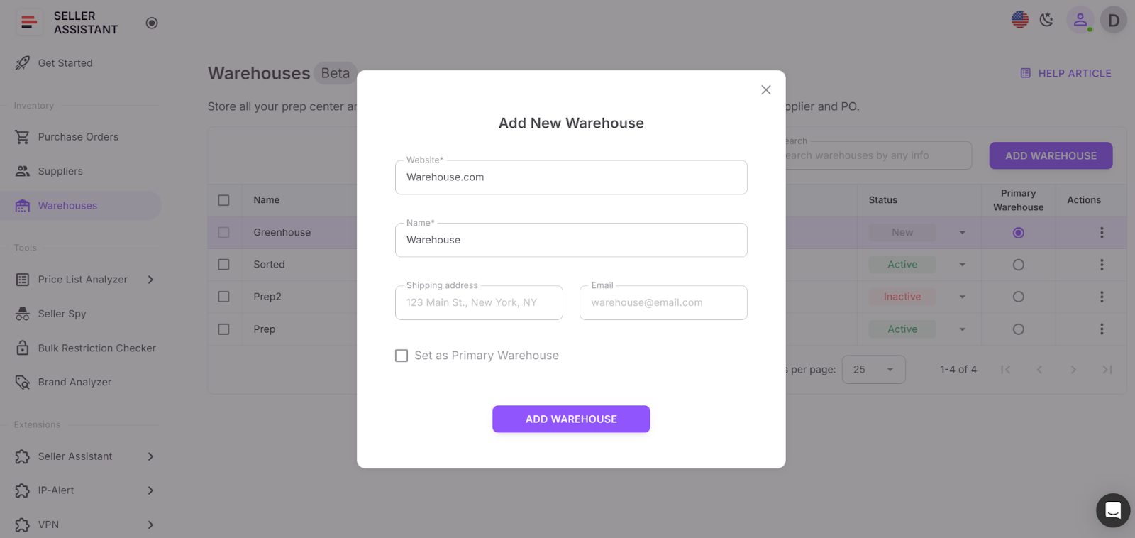 Seller Assistant hesabınızdaki Depo Veritabanını açın. Her hazırlık merkezini veya depoyu ekleyin