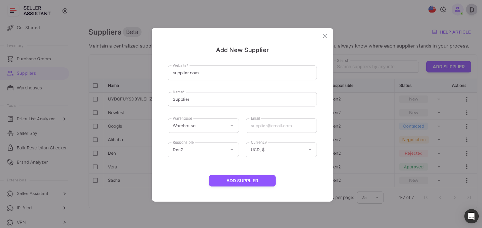 Seller Assistant hesabınızdaki Tedarikçiler sekmesini açın ve Tedarikçi Ekle'ye tıklayın