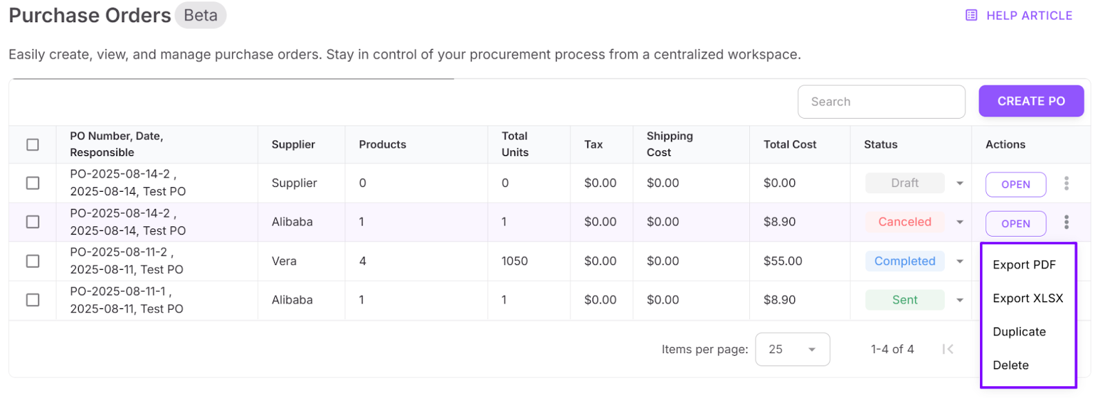Price List Analyzer'daki analiz edilmiş kısa listenizden, tedarikçi dosyalarından veya doğrudan Keepa'dan sipariş etmek istediğiniz öğeleri seçin ve “PO Oluştur”a tıklayın.