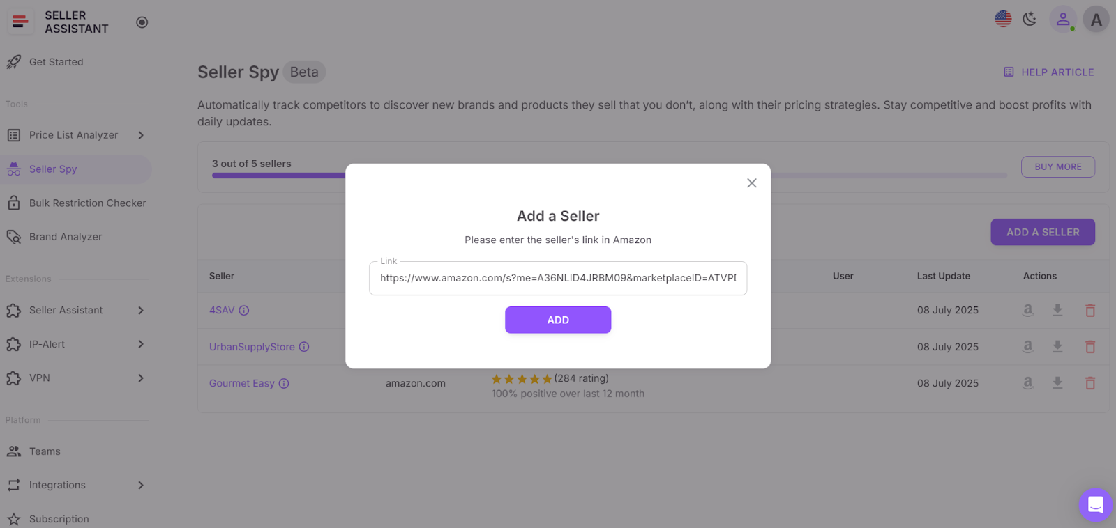 Paste competitor storefront links into Seller Spy and let it track them daily.