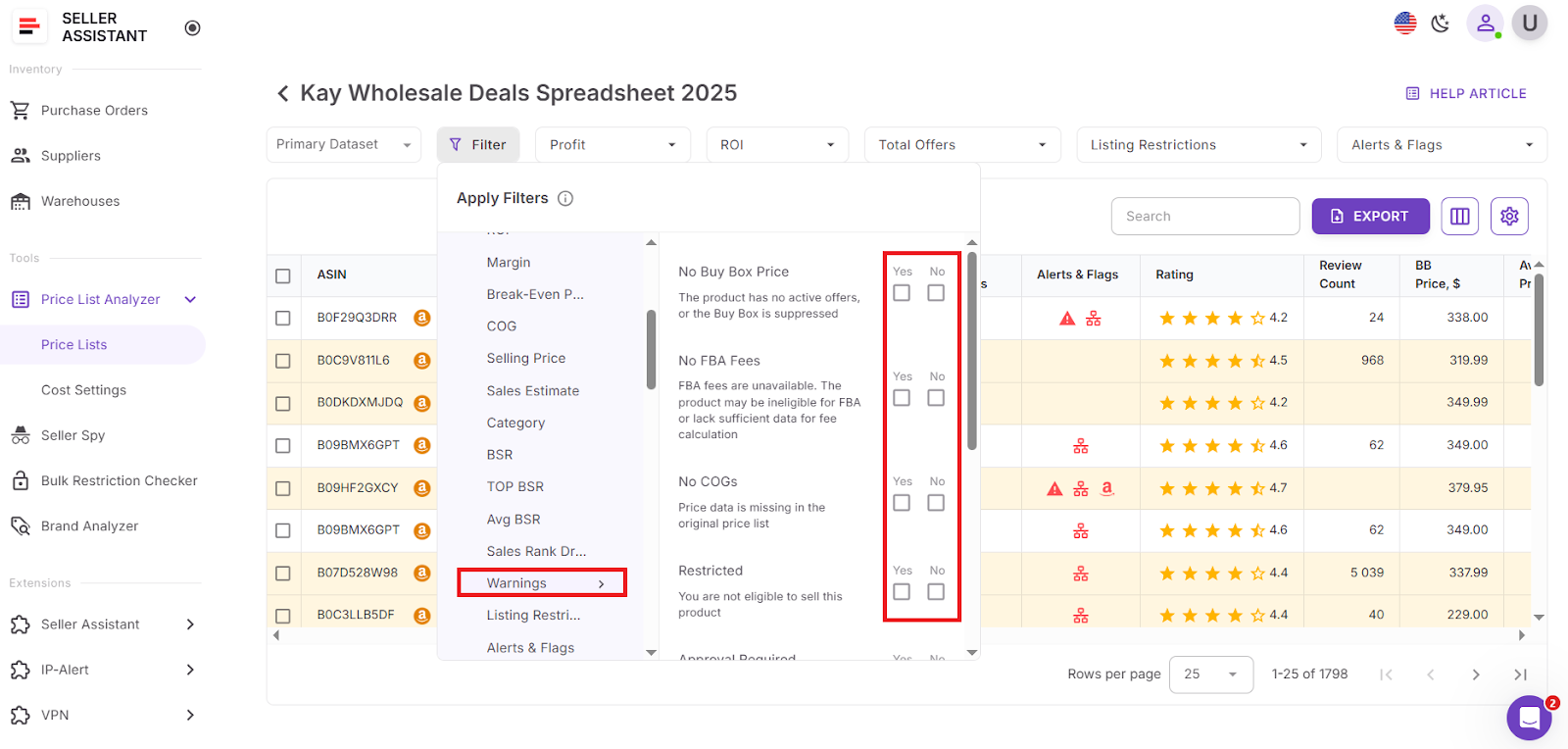 Filter products by warnings