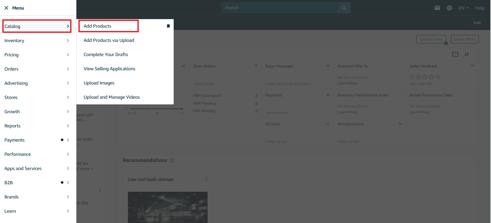 Go to your Seller Central account. In the menu, select Catalog > Add Products.’ 