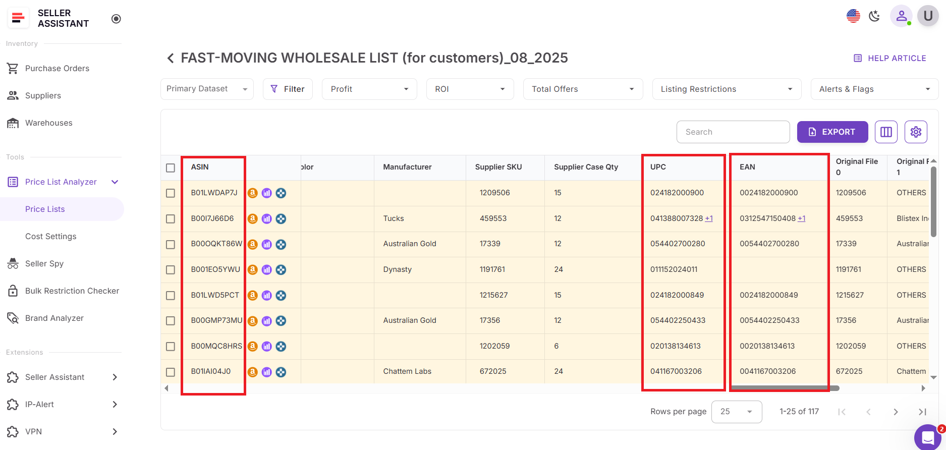 Locate the ASIN column