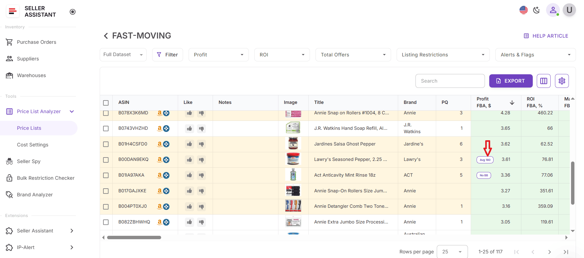 Если использовалась средняя цена Buy Box, в столбце «Прибыль» появится тег