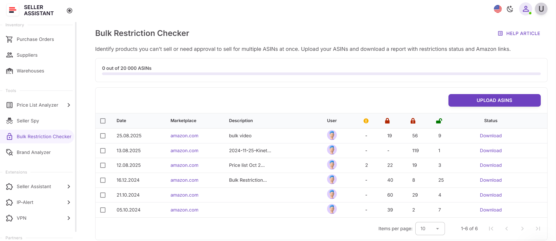 Откройте Bulk Restriction Checker в своем аккаунте Seller Assistant