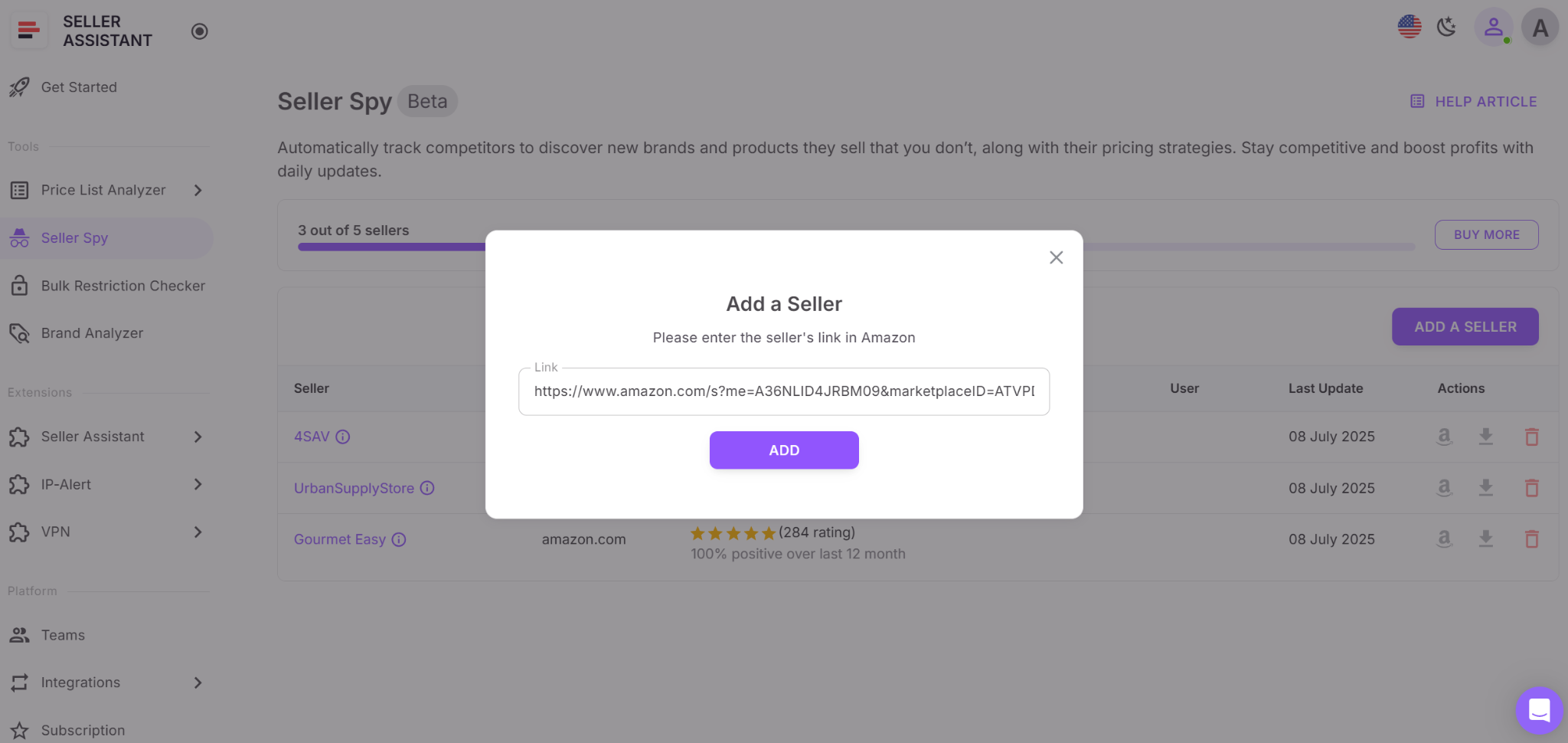 Вставьте ссылки на витрины конкурентов в Seller Spy, и он будет отслеживать их ежедневно.