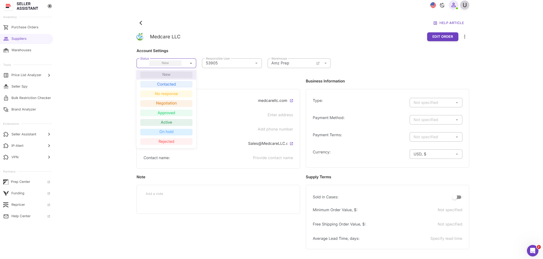Назначьте статус поставщику