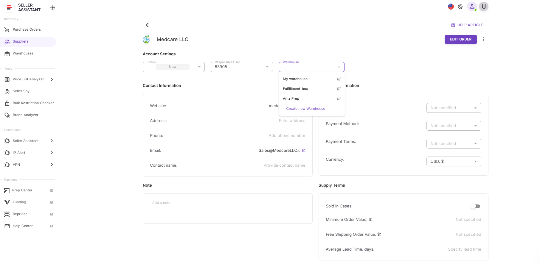 Привяжите стандартный склад или центр подготовки