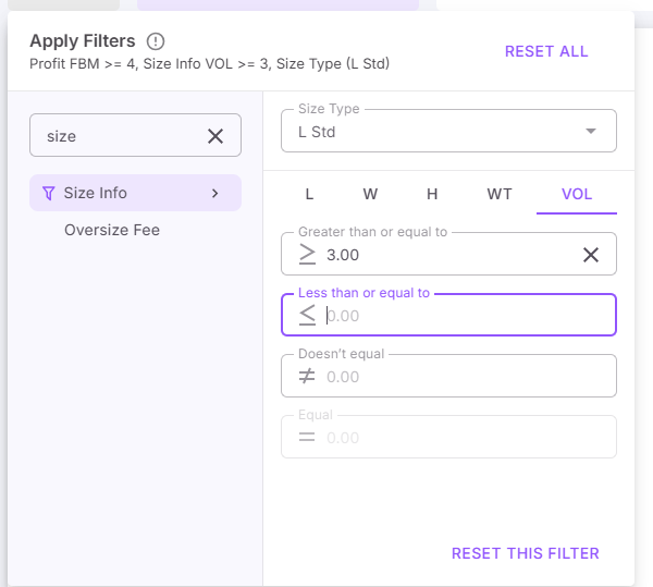 Фильтры по размеру товара