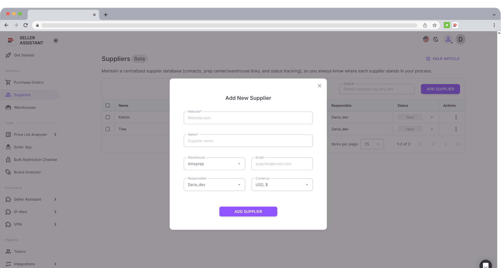 Choose a supplier from your Seller Assistant Suppliers Database.