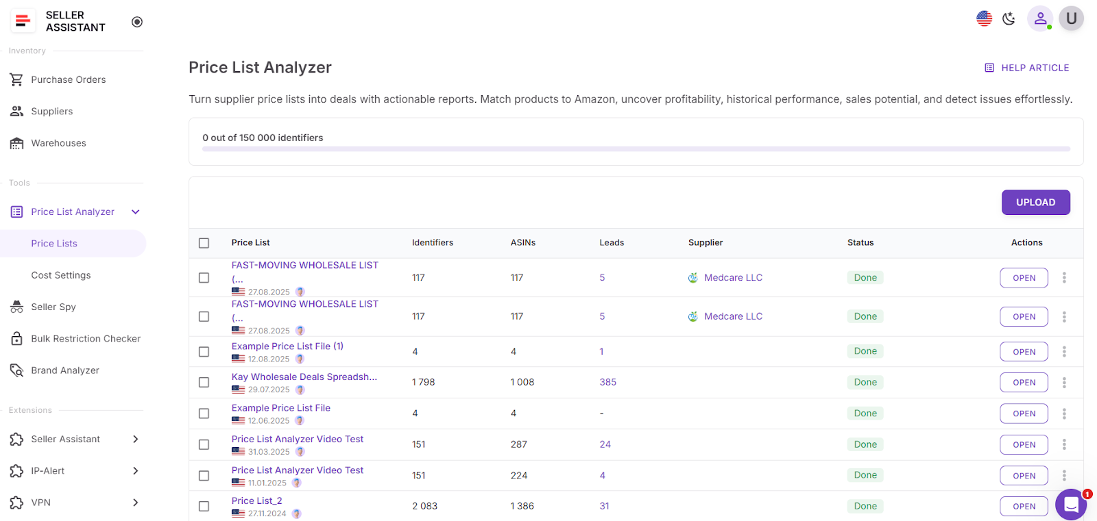 Откройте Price List Analyzer в своем аккаунте Seller Assistant.