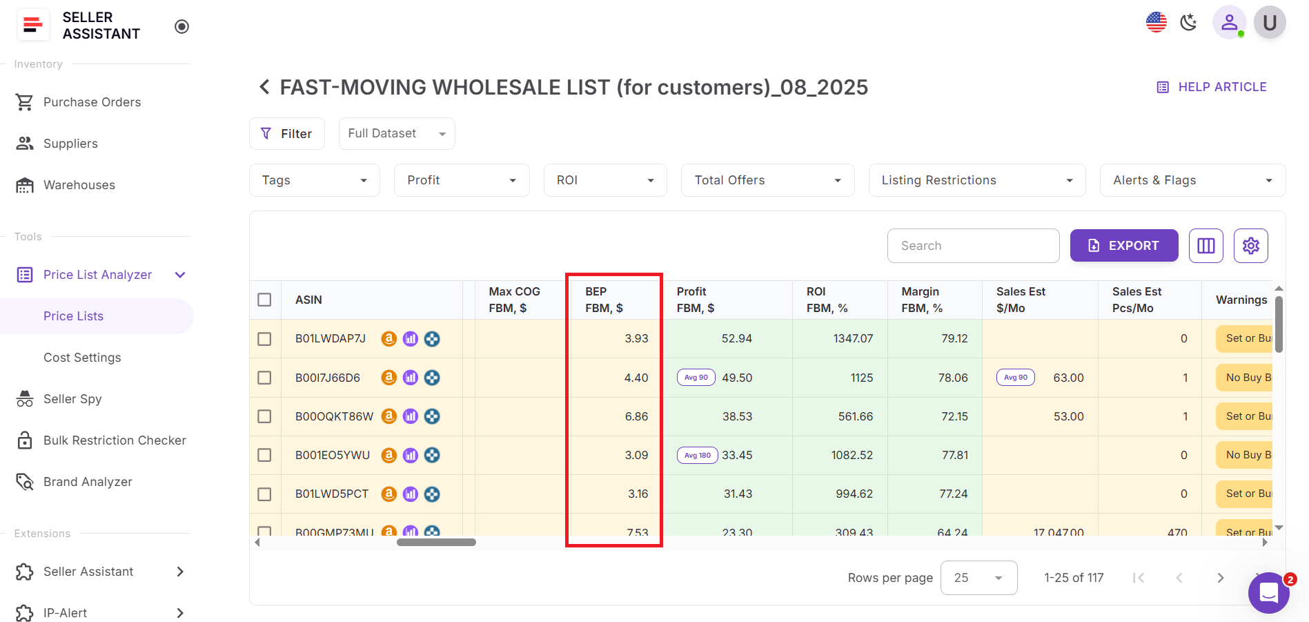 Price List Analyzer показывает BEP для FBM