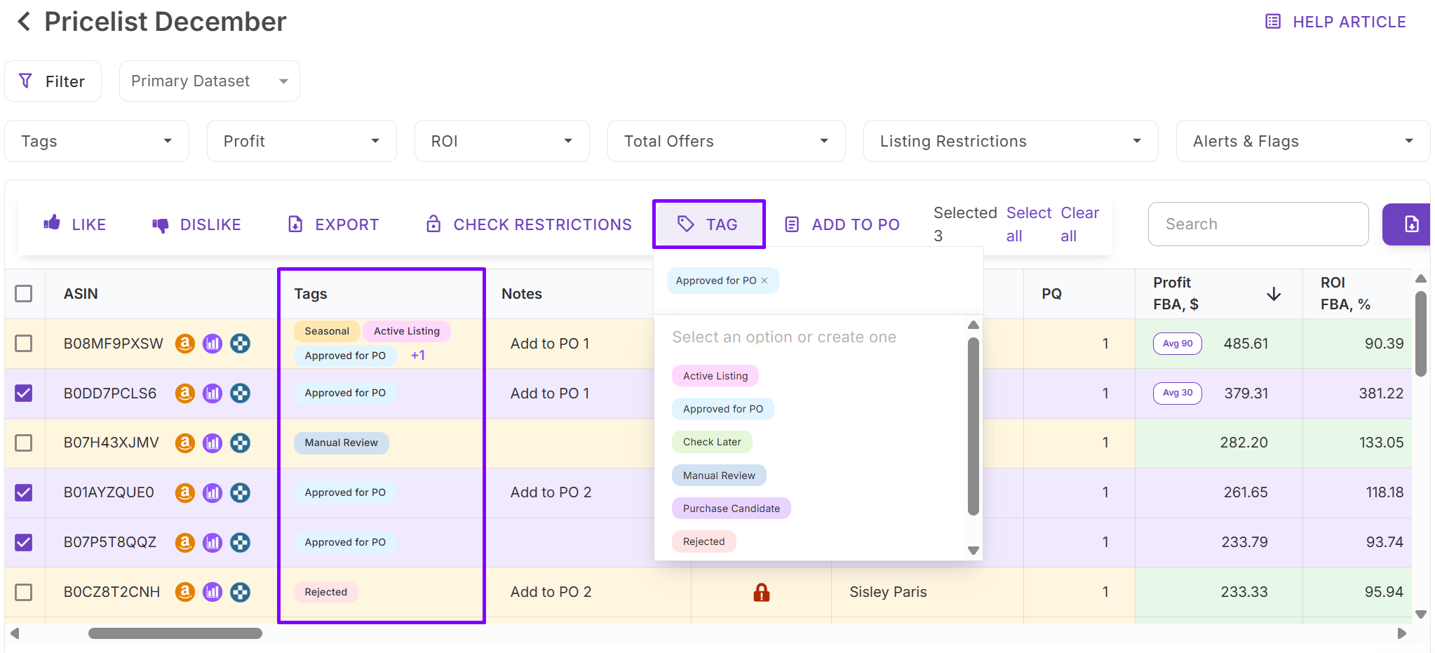 Tags in Price List Analyzer