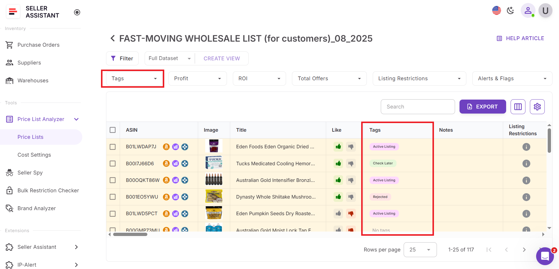 Where to find tags in Price List Analyzer