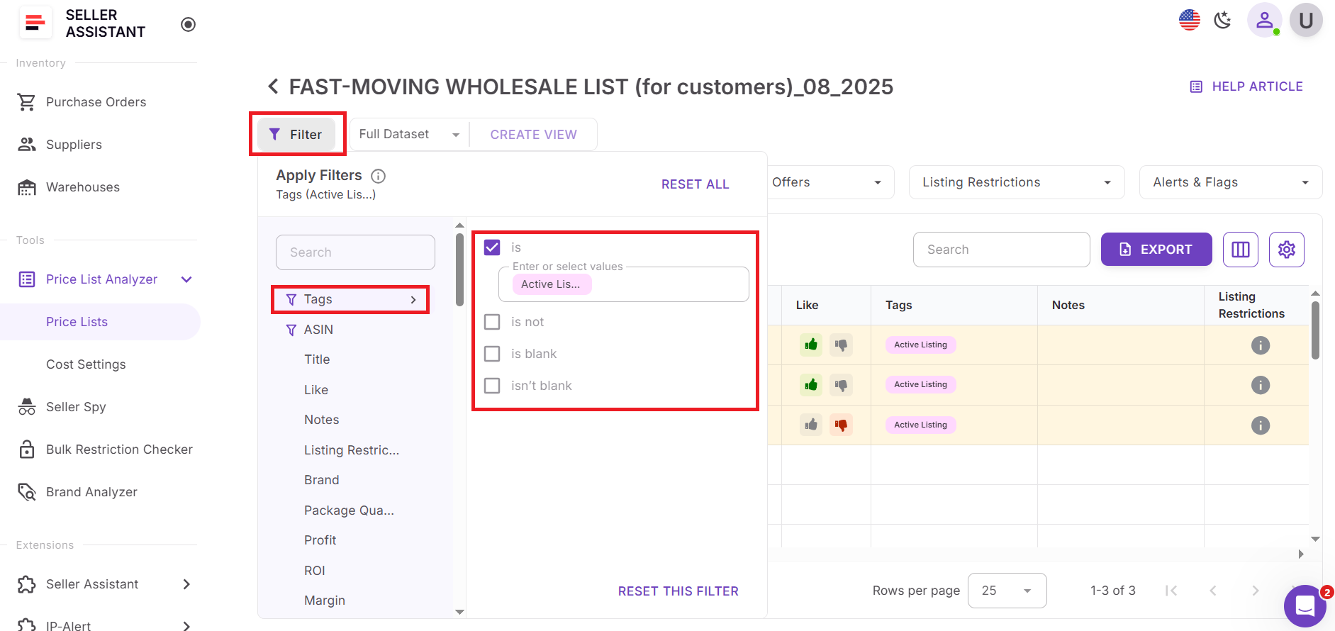 Filter the list by tags
