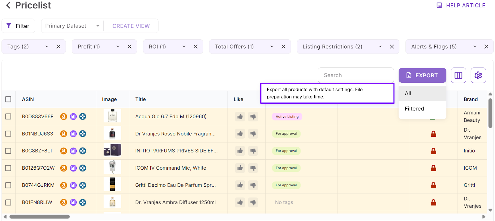 Export filtered results