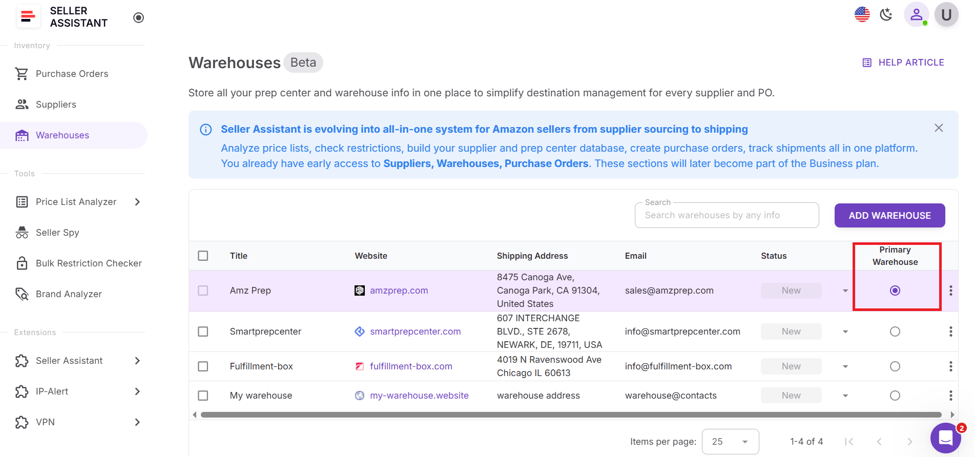 Assign a primary warehouse
