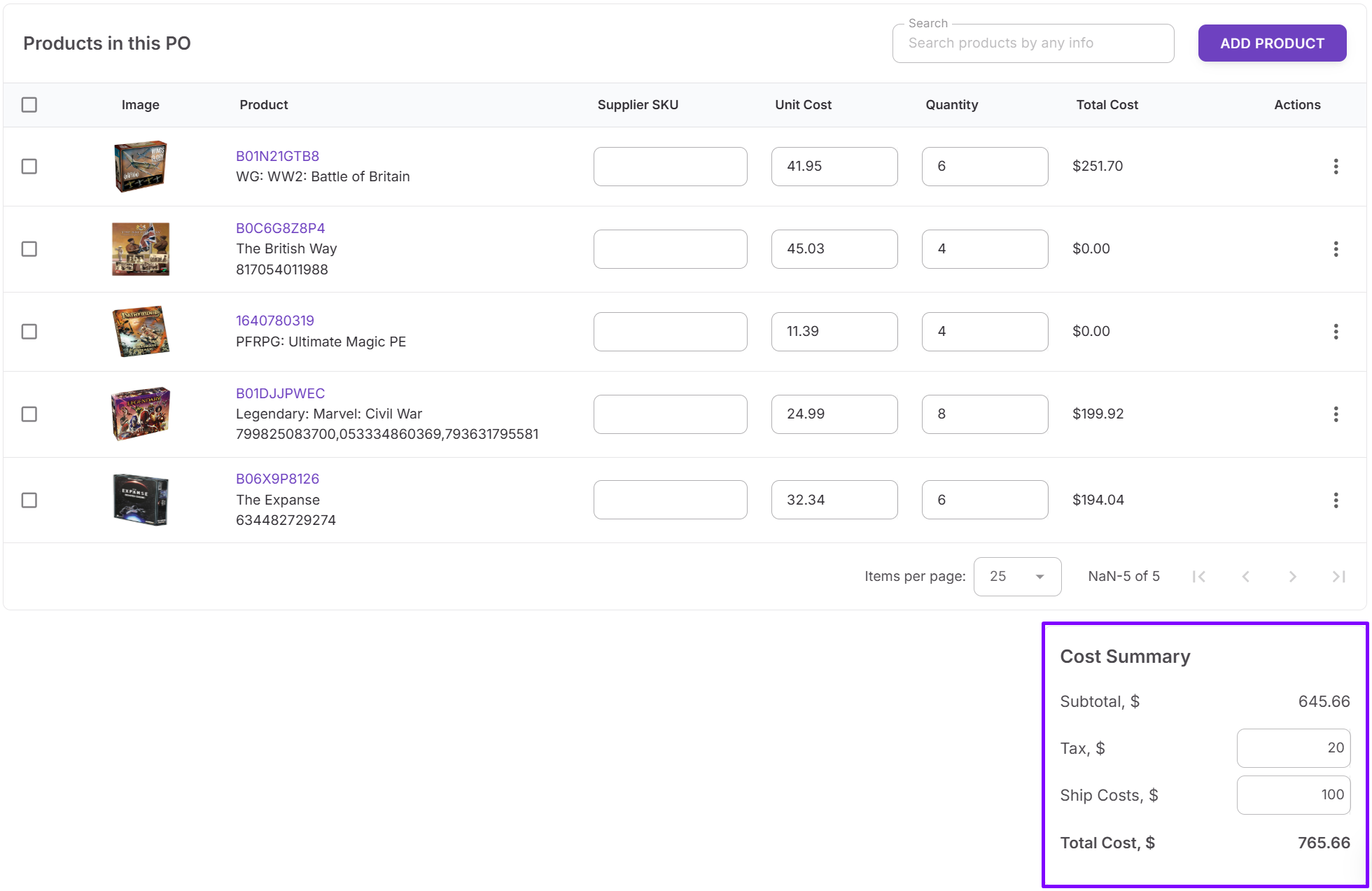 Set costs and totals