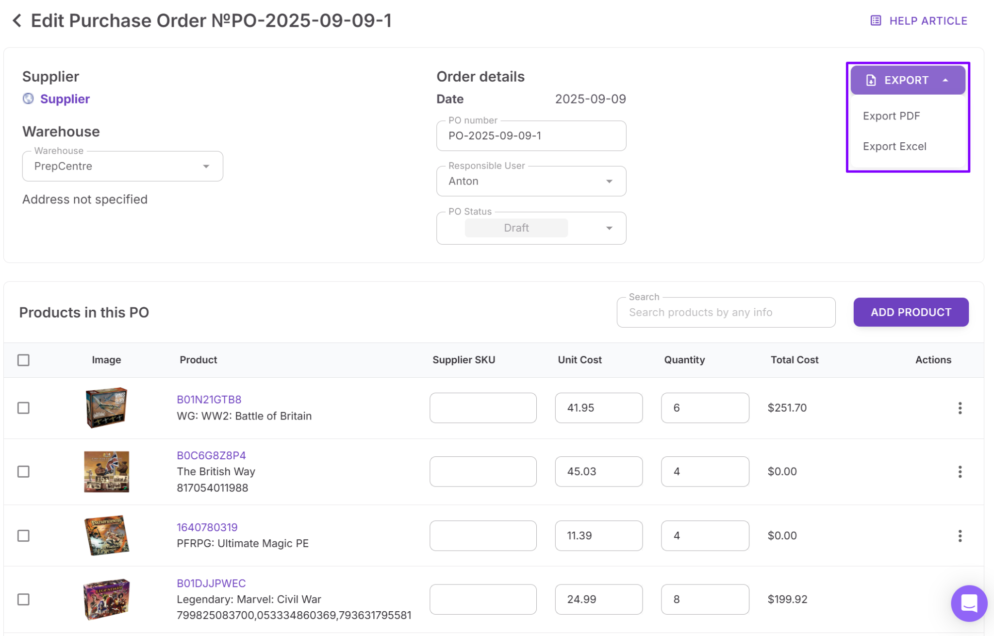 Export and send the PO
