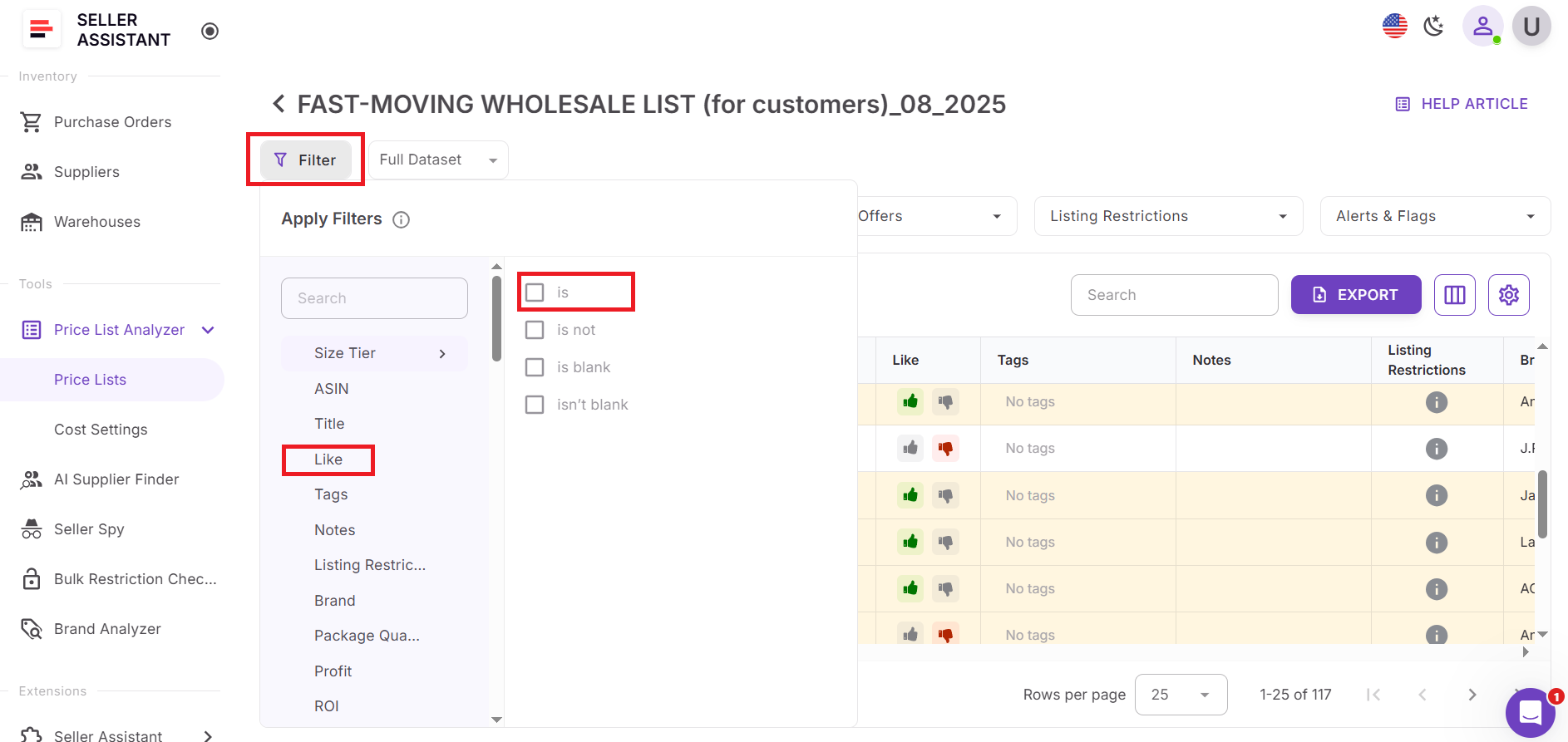 Фильтруйте по статусу лайка и дизлайка