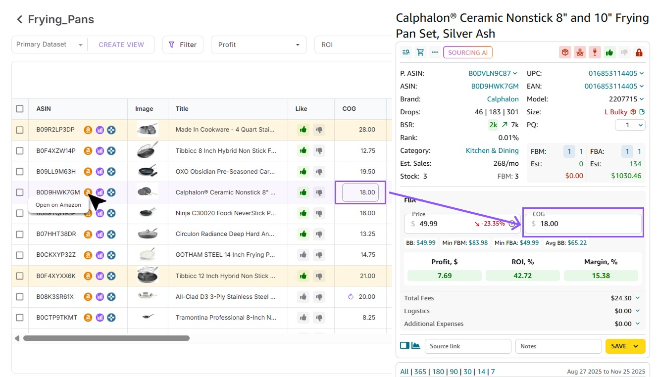 Когда вы редактируете себестоимость (COG) непосредственно в прайс-листе, это значение переносится в Расширение для браузера Seller Assistant