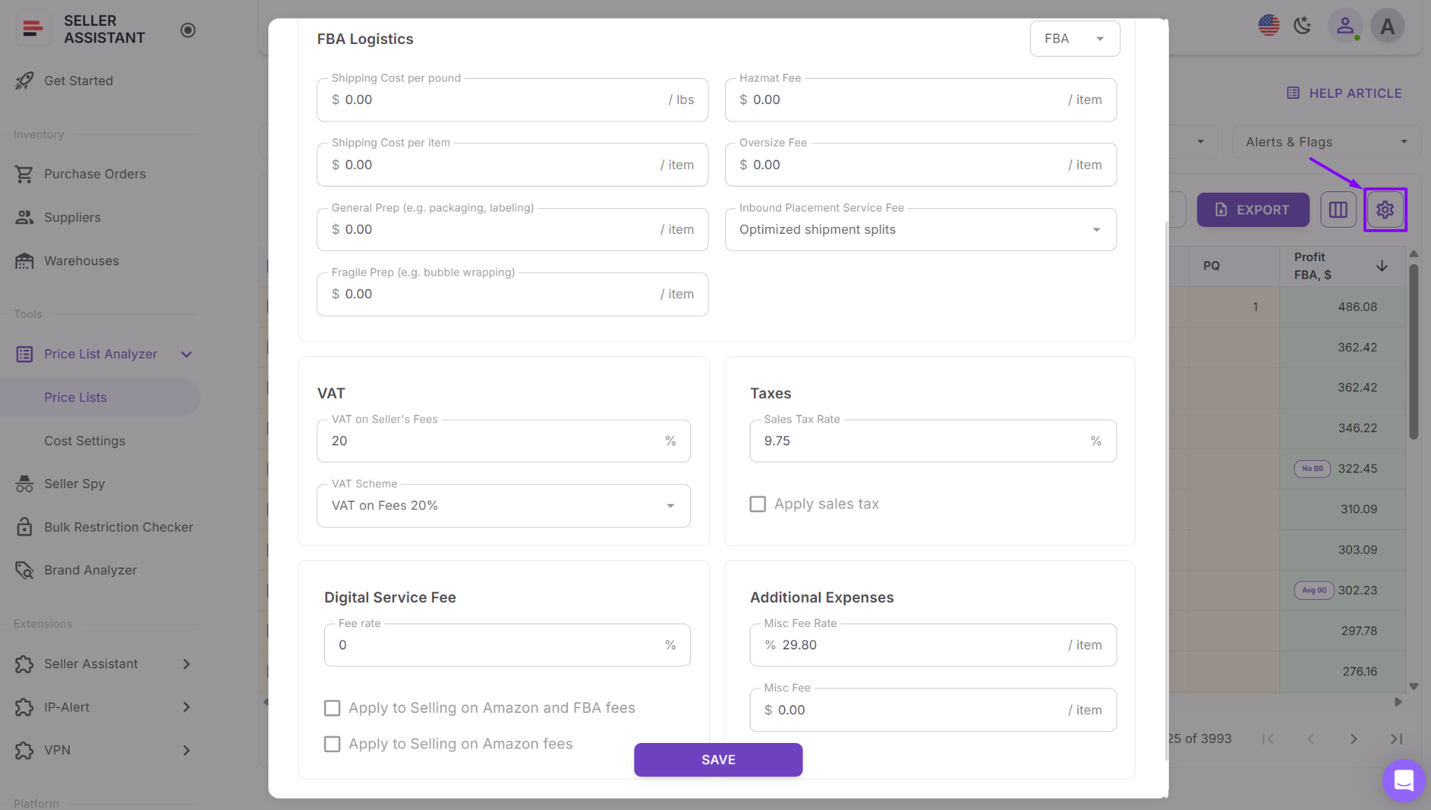 Adjust cost settings per price list if needed