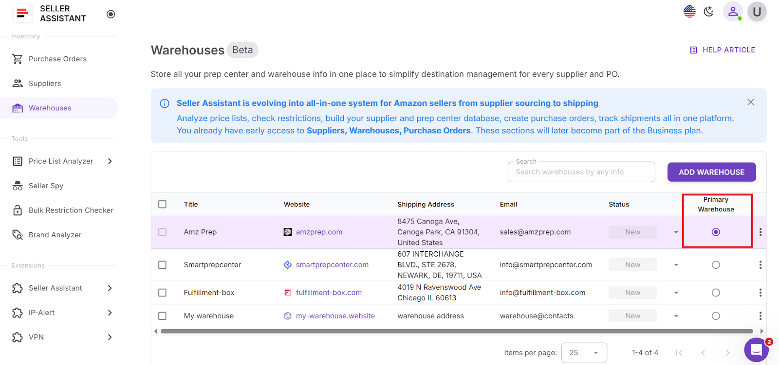 Assign a primary warehouse