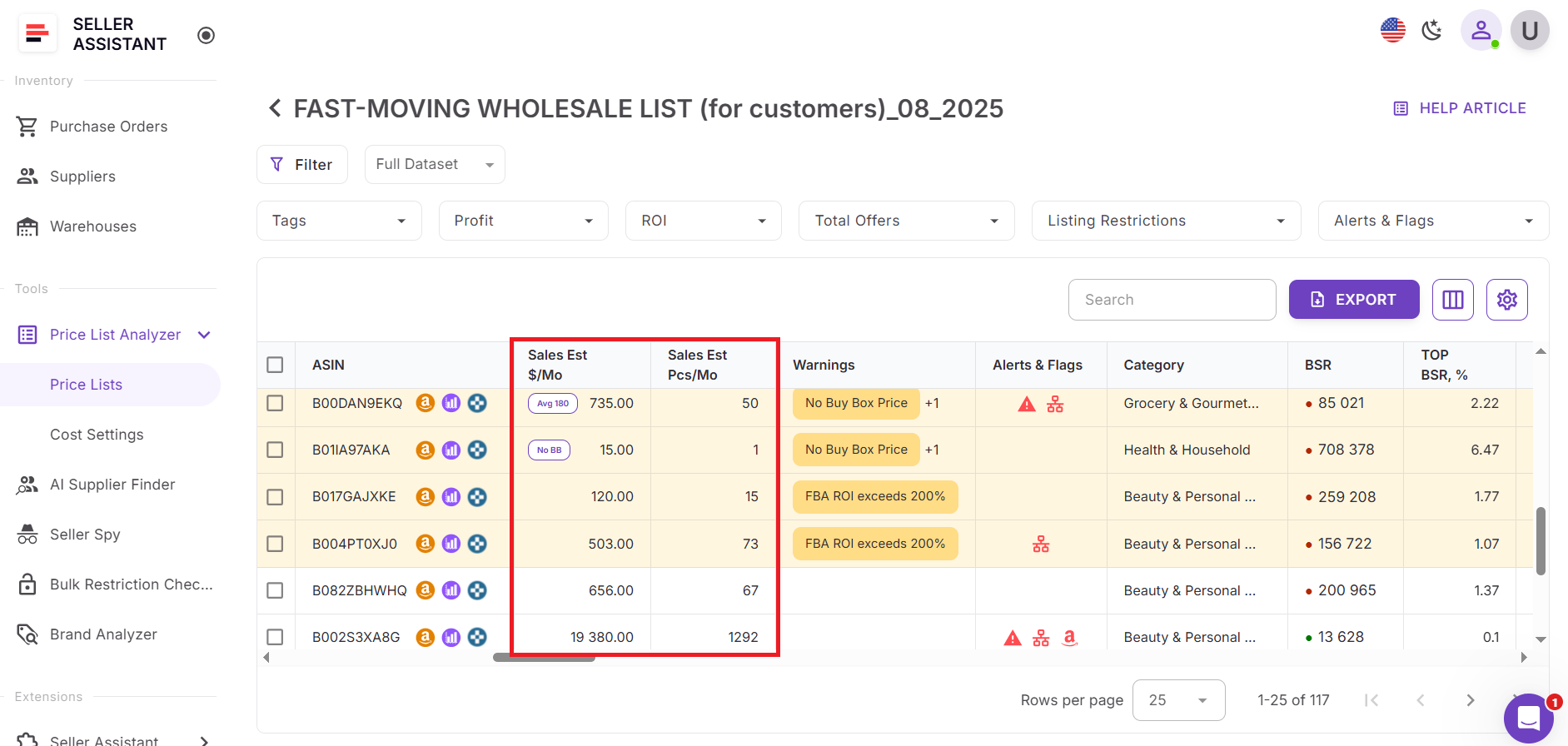 Sales Estimates in Price List Analyzer