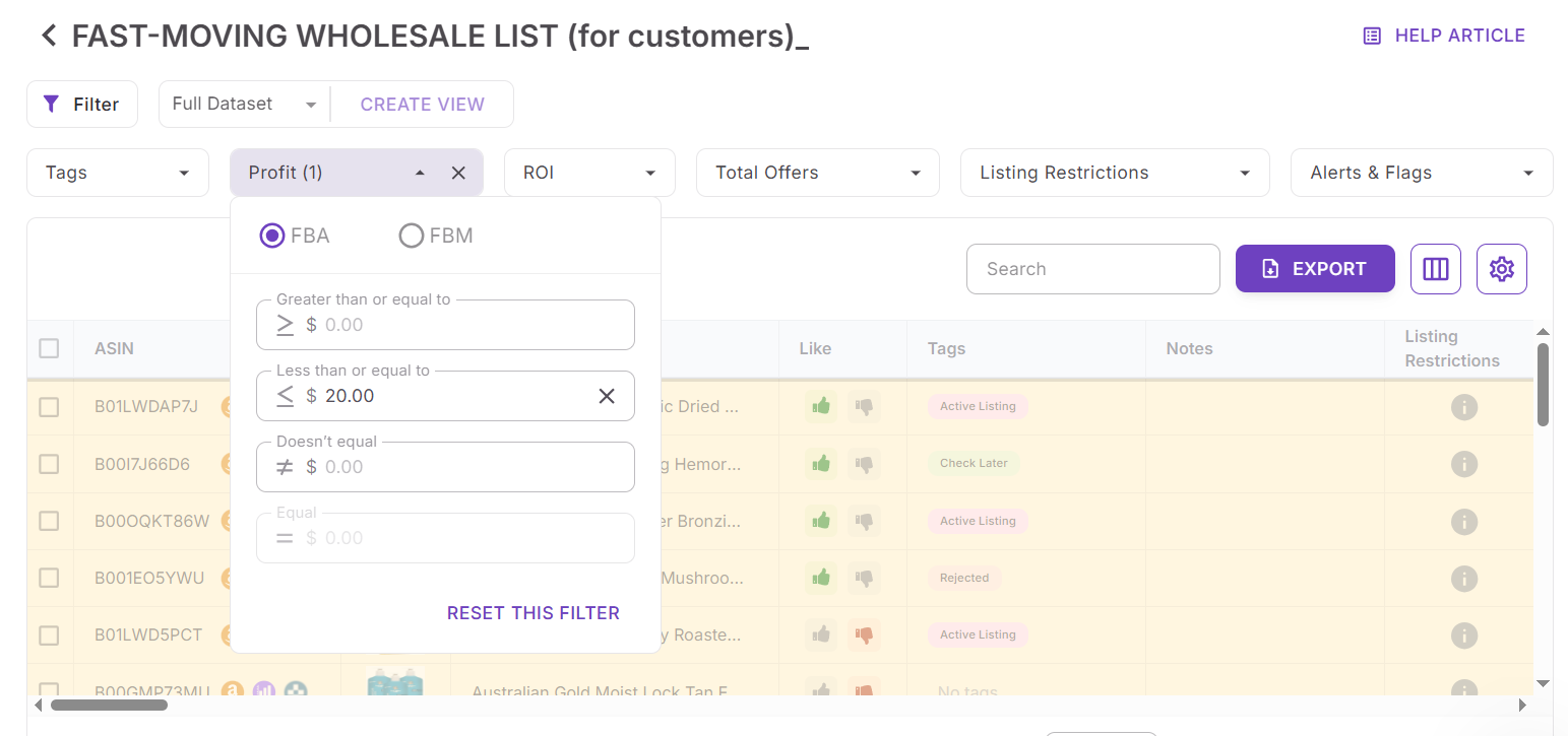 Отфильтруйте по критериям прибыльности