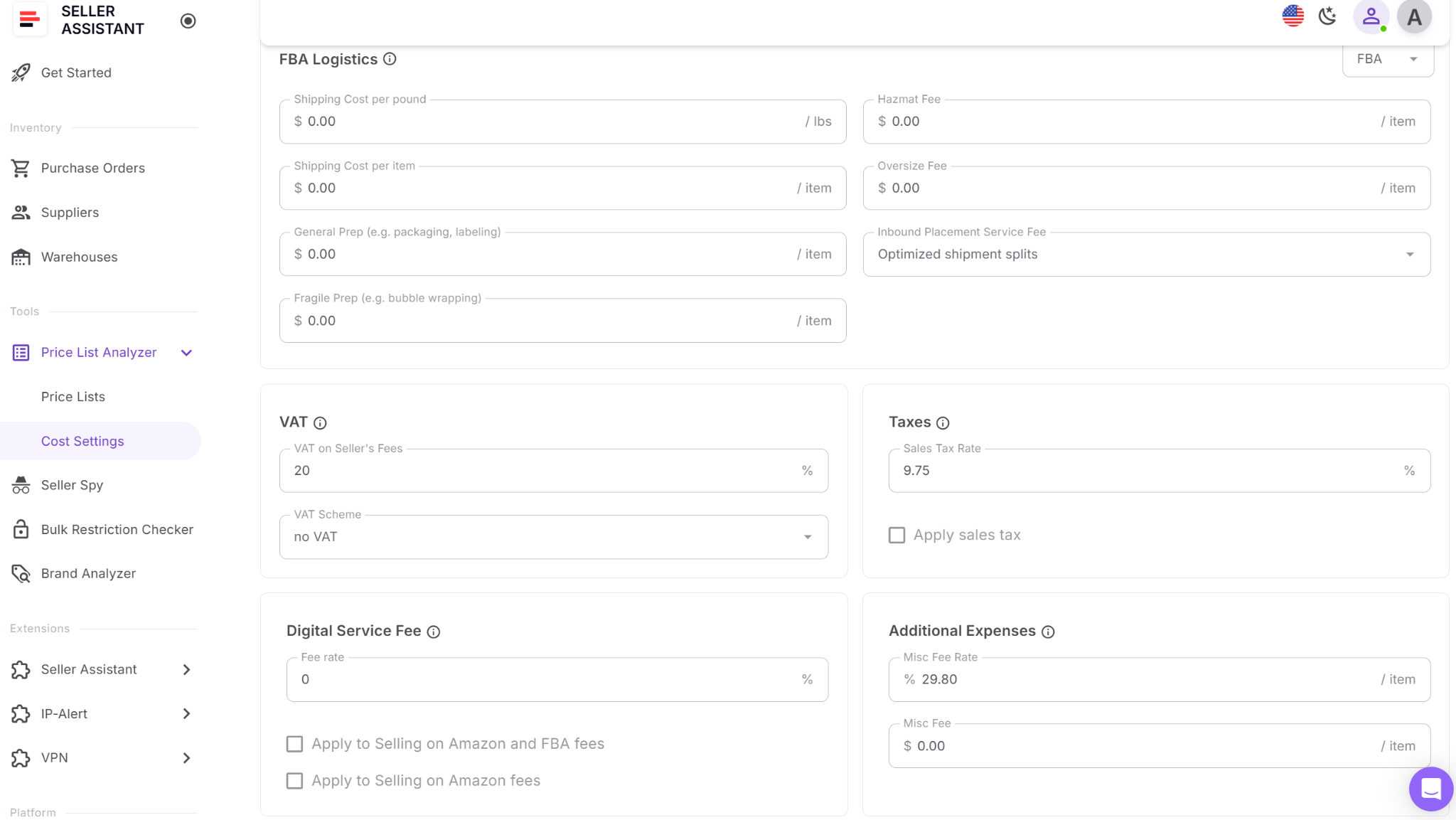 Preconfigured Settings in Price List Analyzer
