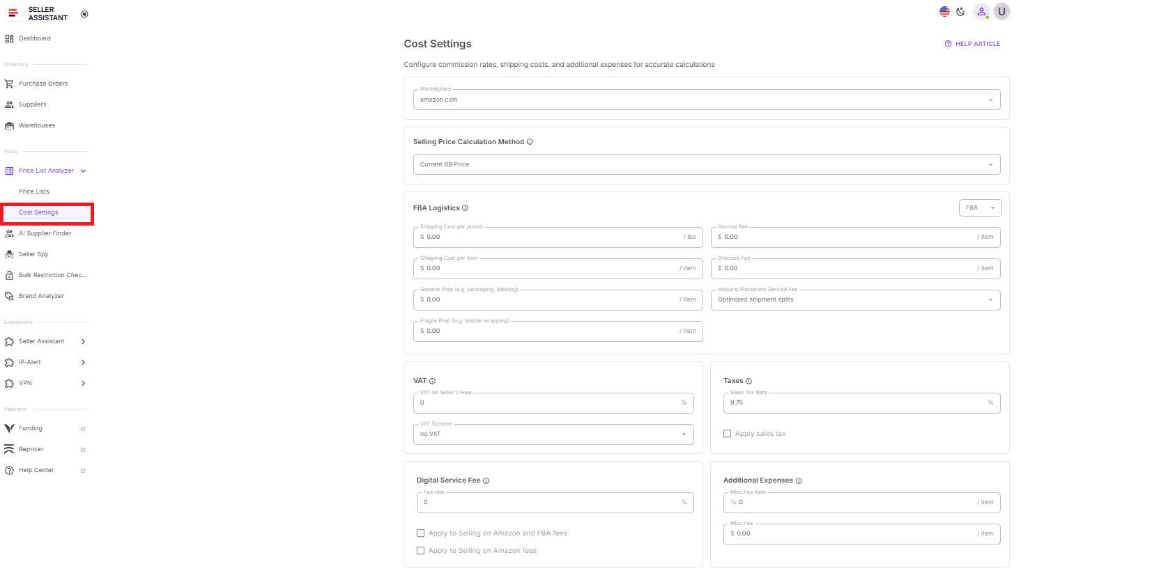 You access preconfigured settings from Tools → Price List Analyzer → Cost settings