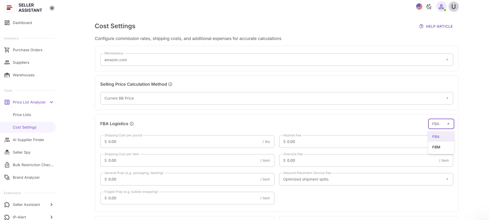 Configure cost settings for FBA and FBM