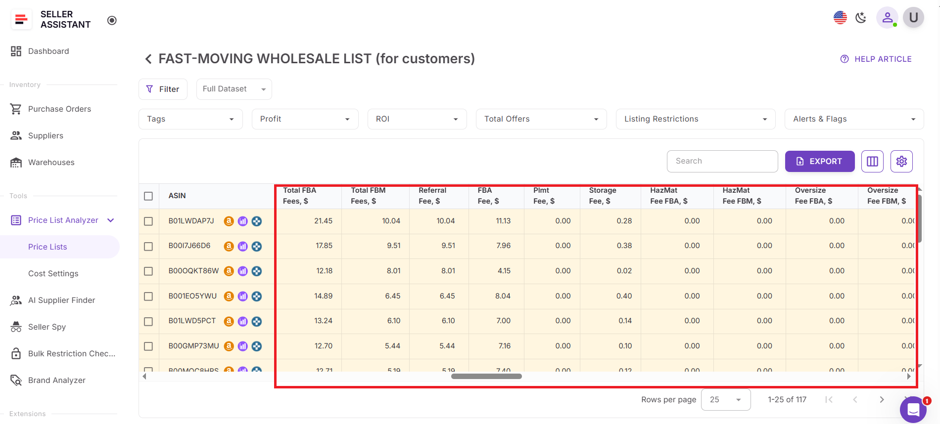 Комиссии в Price List Analyzer от Seller Assistant