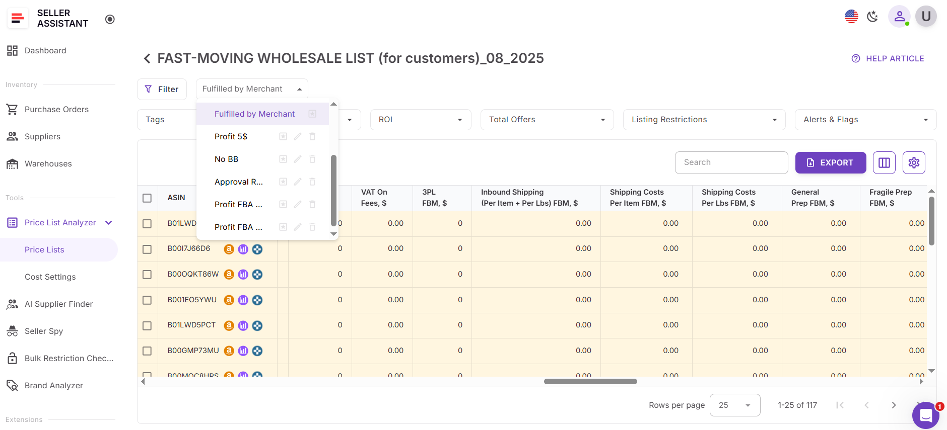 Представление «Fulfilled by Merchant» показывает комиссии FBM